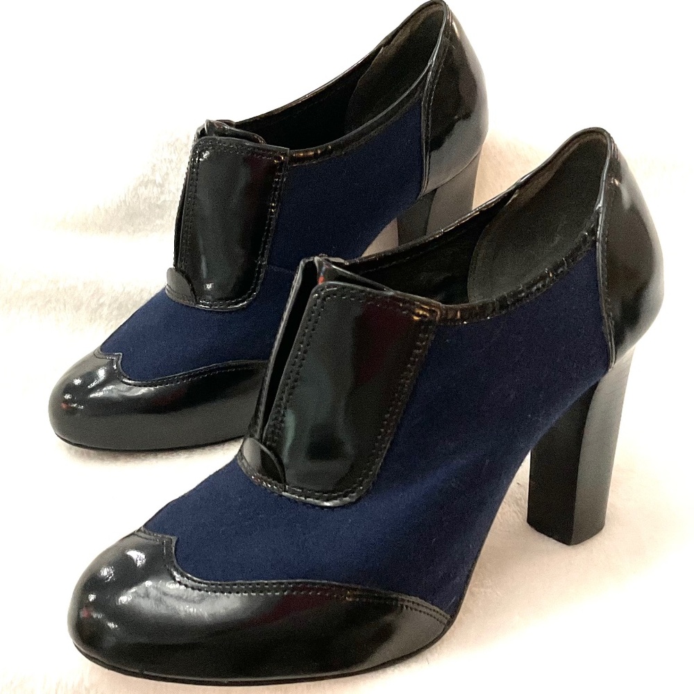 Black/Blue Leather Pull On Tory Burch Leighton Chunky Block Heel Booties Sz 7.5M